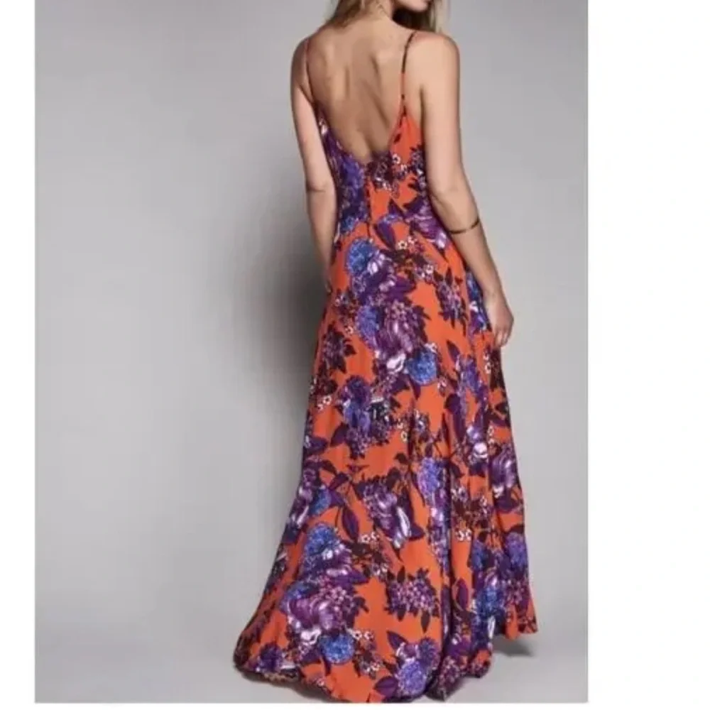 Free People Floral Maxi Dress Spaghetti Strap Backless Long Swing Dress Size 6 - Picture 2 of 12
